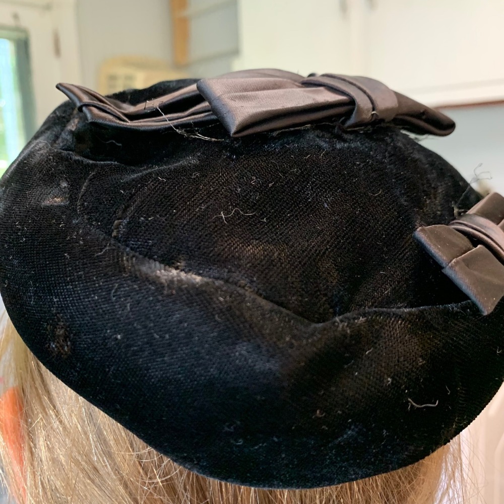 Vintage Pillbox Hat Black Velvet Satin Bows Mid Century Formal Accessory